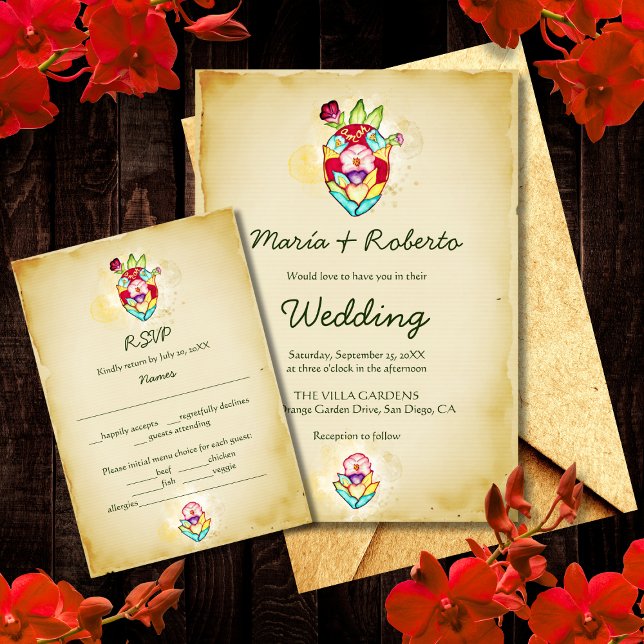 Invitation Rustique Floral Heart Mexicain Mariage RSVP Enclôt (Créateur téléchargé)