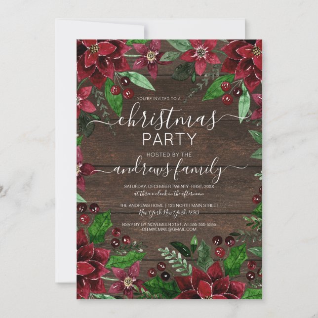 Invitation Rustique Floral Holly Ivy Aquarelle Bois Noël (Devant)