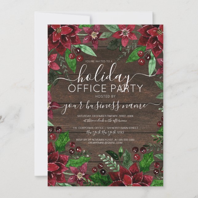 Invitation Rustique Floral Holly Ivy Bois Entreprise Vacances (Devant)
