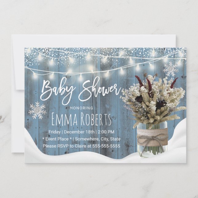 Invitation Rustique Floral Jar Dusty Baby shower d'hiver bleu (Devant)