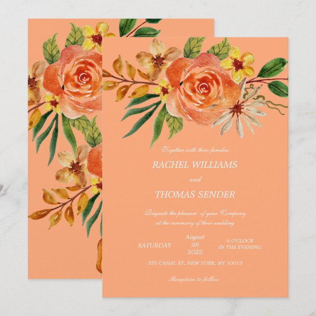 Invitation Rustique Floral Mariage Automne Aquarelle Invitati (Devant / Derrière)