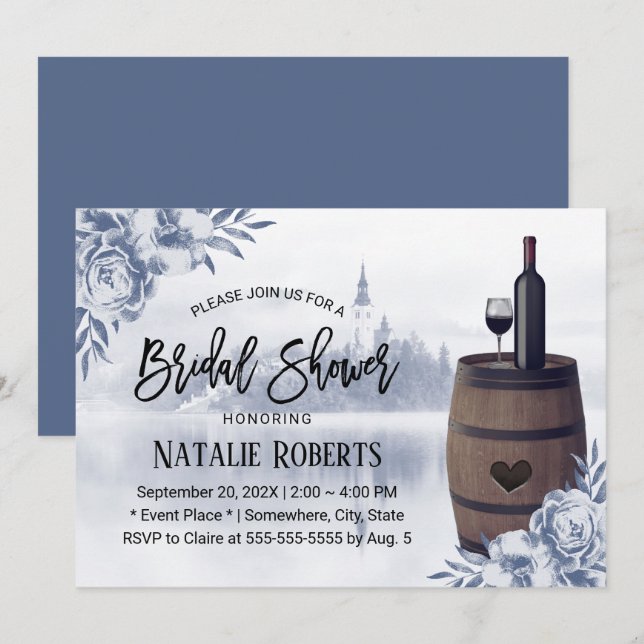 Invitation Rustique Floral Misty Lake Vin Barrel Fête des mar (Devant / Derrière)