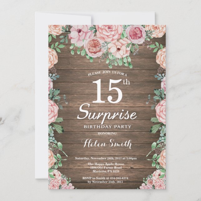 Invitation Rustique Floral Peonies rose Surprise 15e annivers (Devant)