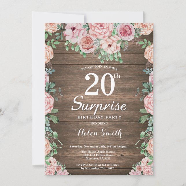 Invitation Rustique Floral Peonies rose Surprise 20e annivers (Devant)