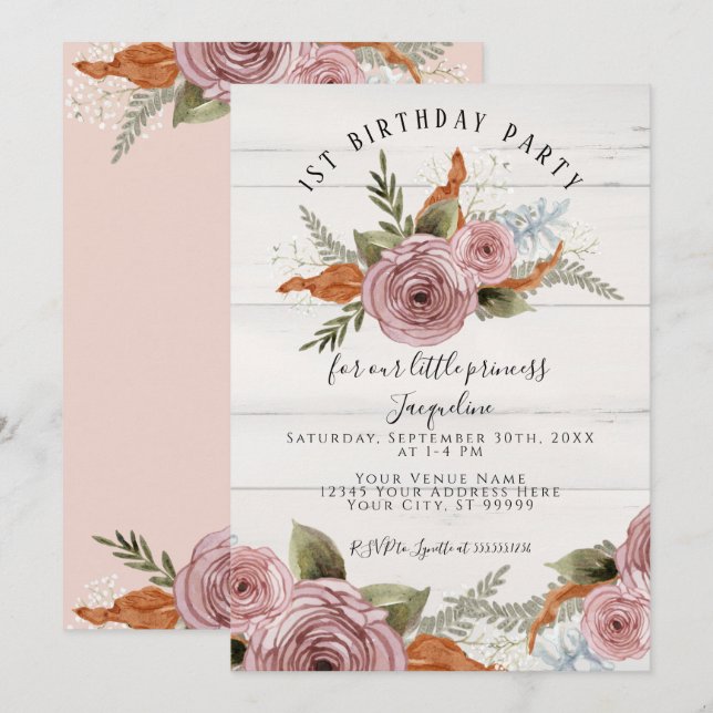 Invitation Rustique Floral Peony Dusty Rose 1er Anniversaire (Devant / Derrière)