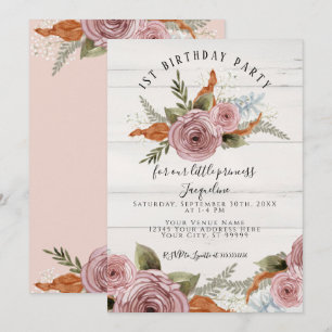 Invitation Rustique Floral Peony Dusty Rose 1er Anniversaire