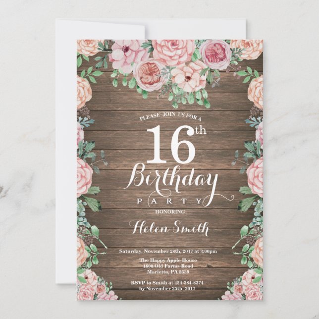 Invitation Rustique Floral Pink Peonies 16e anniversaire (Devant)