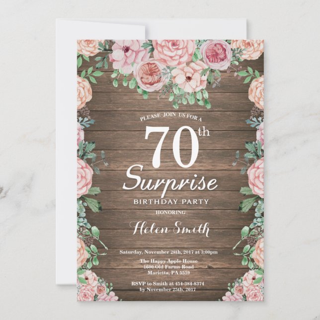 Invitation Rustique Floral Pink Peonies Surprise 70e annivers (Devant)