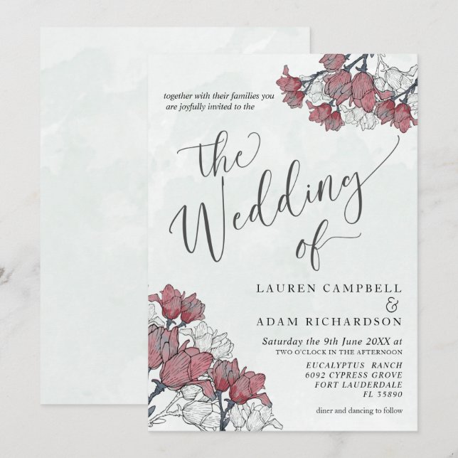 Invitation Rustique Floral Rose & Sage Vert Mariage Aquarelle (Devant / Derrière)