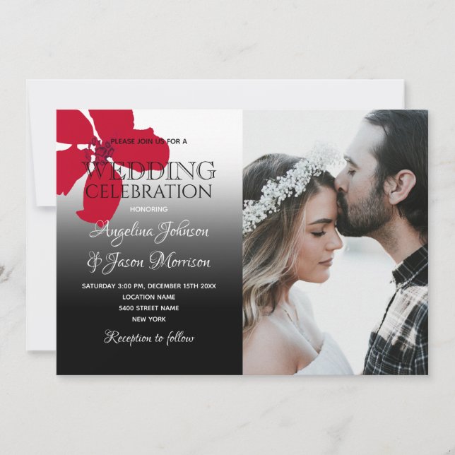 Invitation Rustique Floral Rouge noir et blanc Mariage photo (Devant)