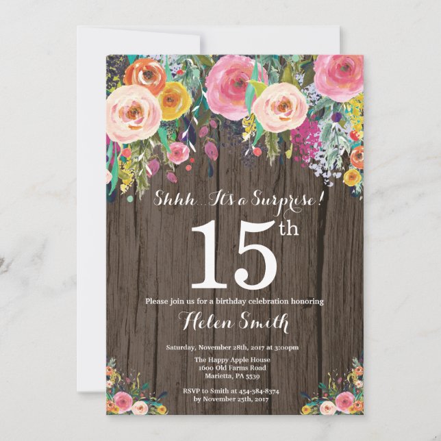 Invitation Rustique Floral Surprise 15e anniversaire Invitati (Devant)
