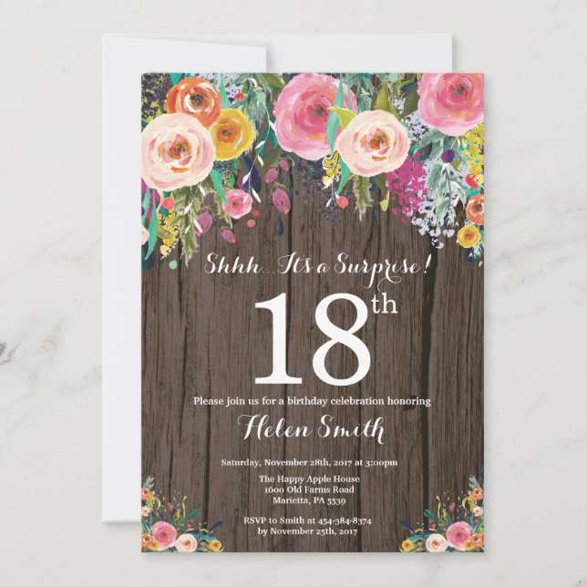 Invitation Rustique Floral Surprise 18e anniversaire Invitati (Devant)