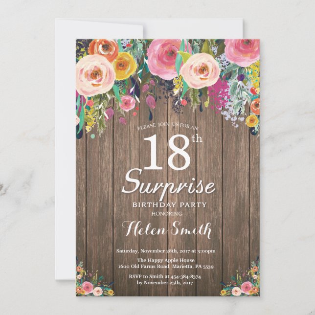 Invitation Rustique Floral Surprise 18e anniversaire Invitati (Devant)