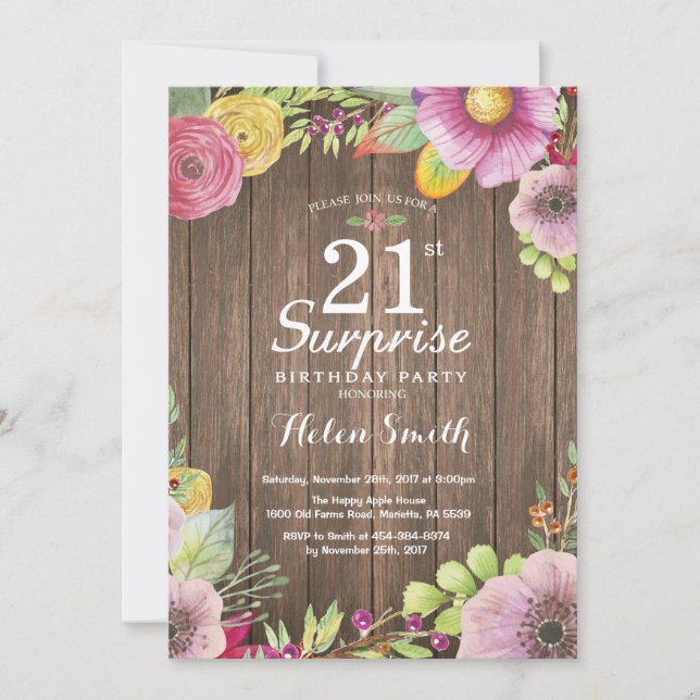 Invitation Rustique Floral Surprise 21ème anniversaire Invita (Devant)