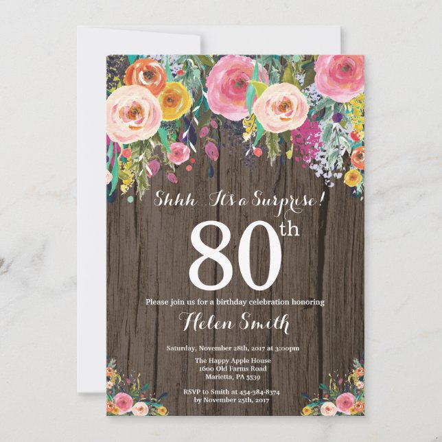 Invitation Rustique Floral Surprise 80e anniversaire Invitati (Devant)