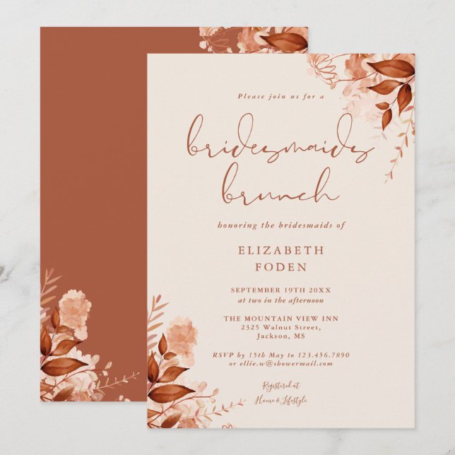 Invitation Rustique Floral Terracotta Bridesservantes Brunch (Devant / Derrière)