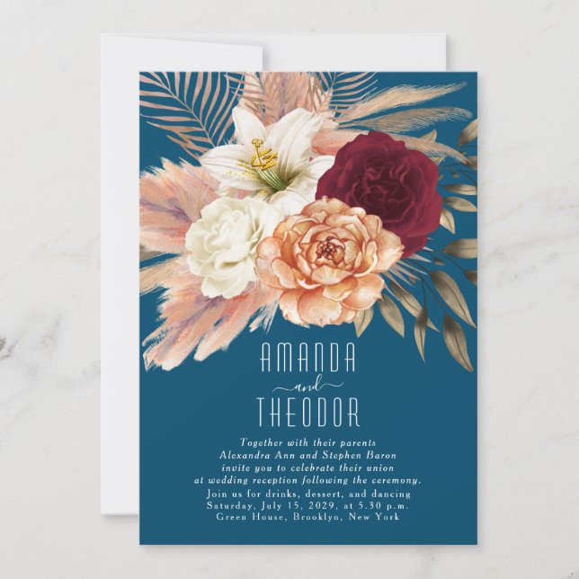 Invitation Rustique Floral Turquoise Mariage Réception Invita (Devant)