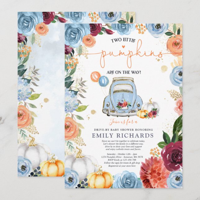 Invitation Rustique Floral Twin Citrouille Drive Par Baby sho (Devant / Derrière)