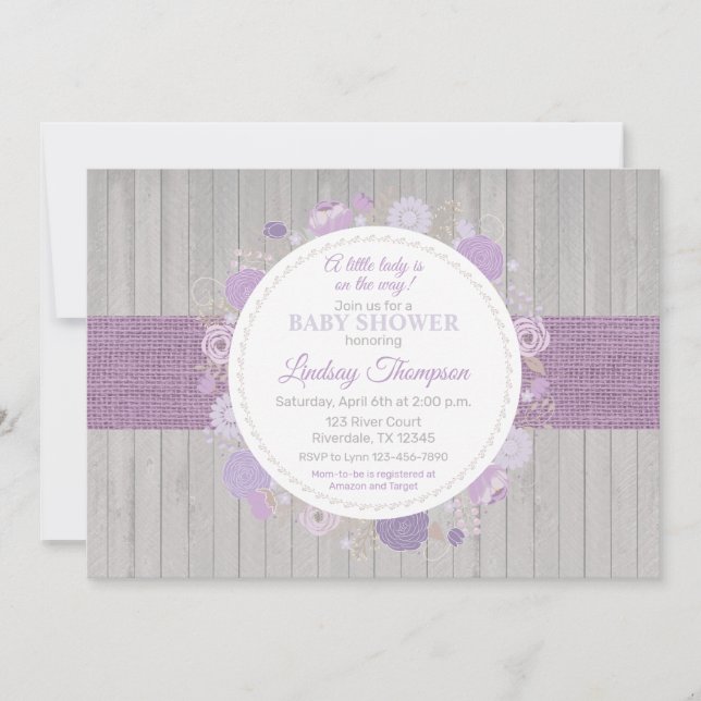 Invitation Rustique Floral Wood Girl Baby shower pourpre (Devant)