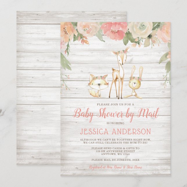 Invitation Rustique Floral Woodland Girl Baby shower par cour (Devant / Derrière)