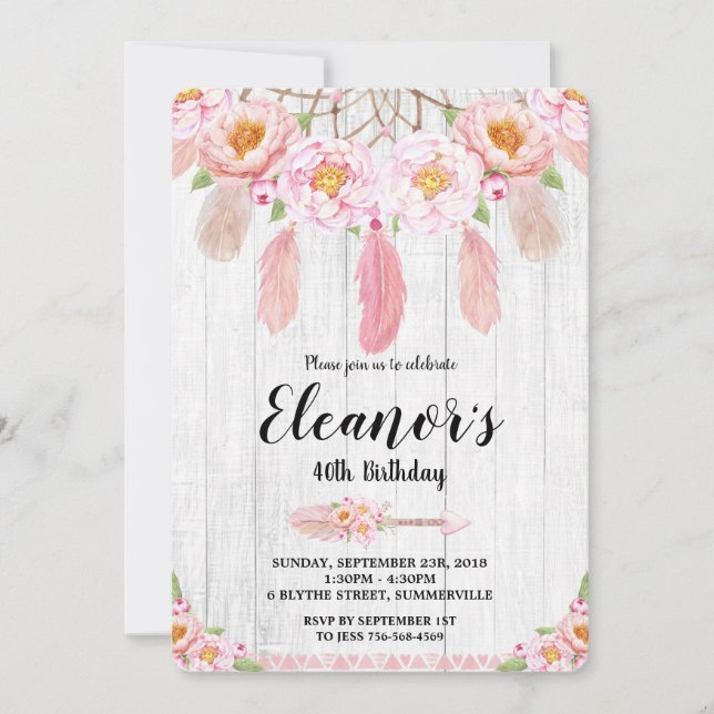 Invitation rustique florale d'anniversaire de Boho (Devant)