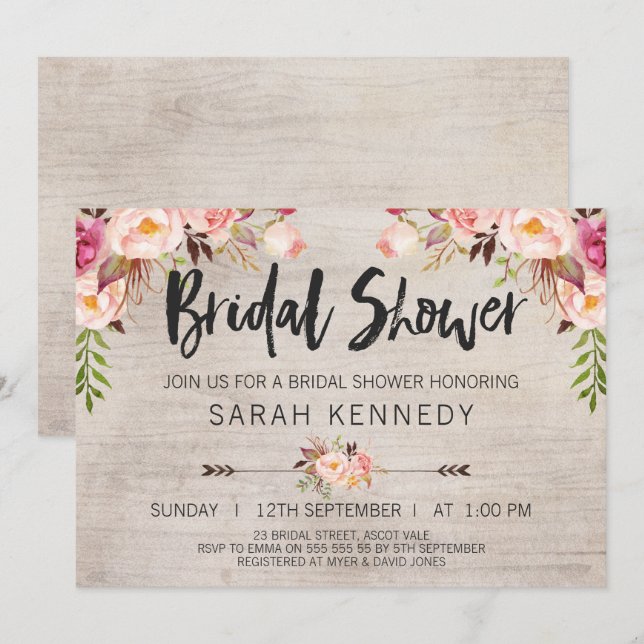 Invitation rustique florale de Fête de la mariée (Devant / Derrière)