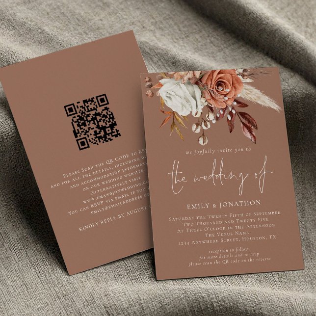 Invitation Rustique Florales en terre cuite QR Code Mariage B (front and back view)
