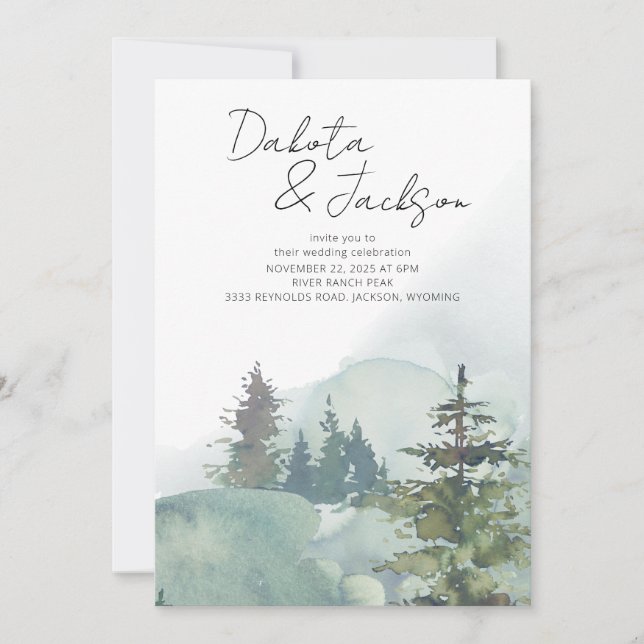 Invitation Rustique Foggy Forest Mountain Destination Mariage (Devant)
