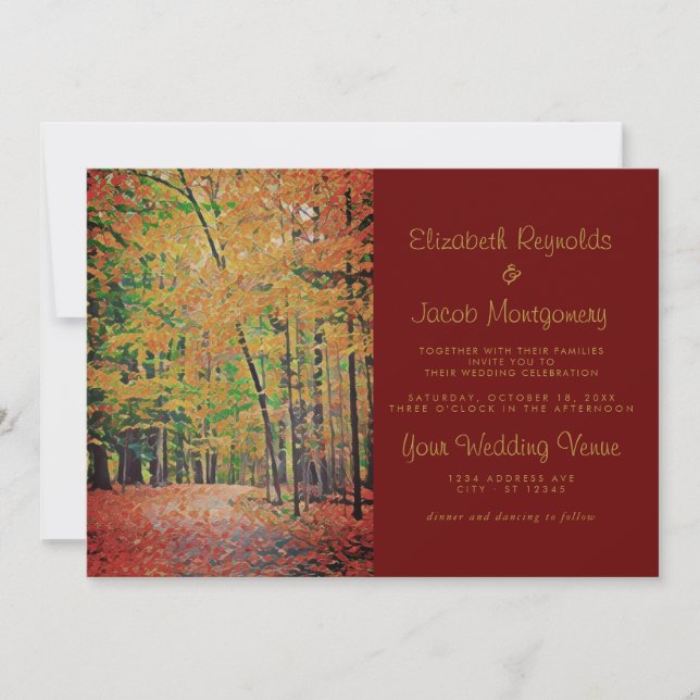 Invitation Rustique Forêt d'automne Bourgogne & Mariage d'or (Devant)