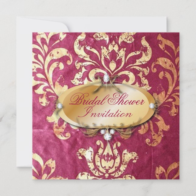Invitation rustique fuchsia or mariage damassé (Devant)