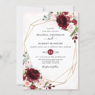 Invitation Rustique géométrique Bourgogne Blush Floral Mariag