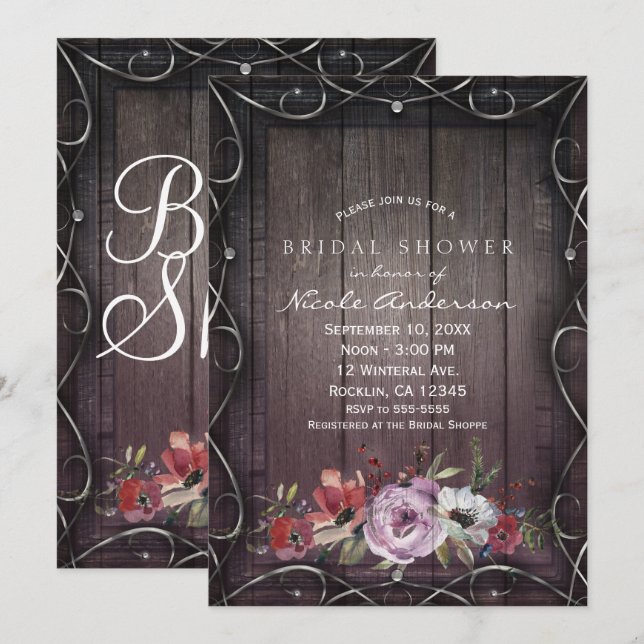 Invitation Rustique Glamor Grange Bois fleuris et Floral Brid (Devant / Derrière)