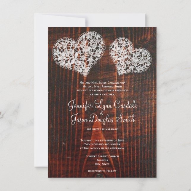 Invitation Rustique Grange Bois Dentelle Coeurs Mariage Invit (Devant)