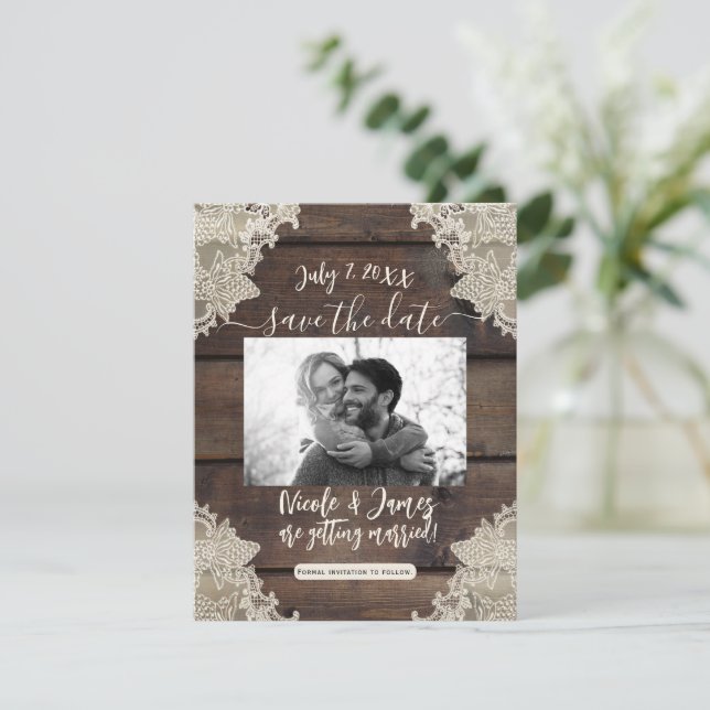 Invitation Rustique Grange Bois & dentelle Romantique Enregis (Debout devant)