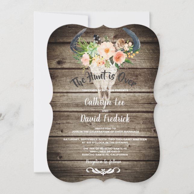 Invitation Rustique Grange Bois Floral Antler Hunt sur Mariag (Devant)