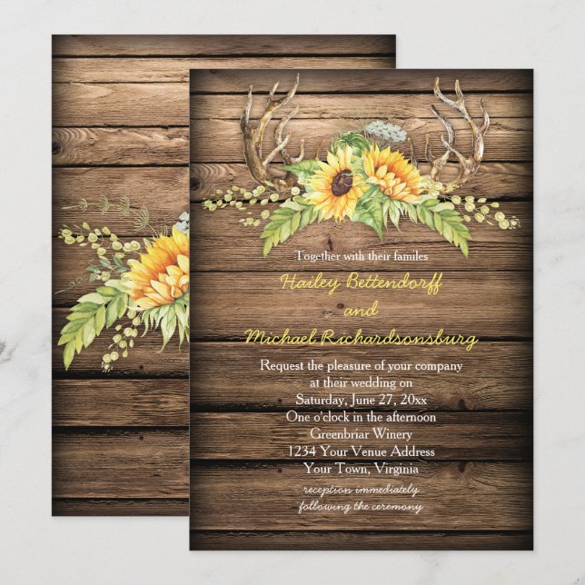 Invitation Rustique Grange Bois Tournesols Antlers Mariage (Devant / Derrière)