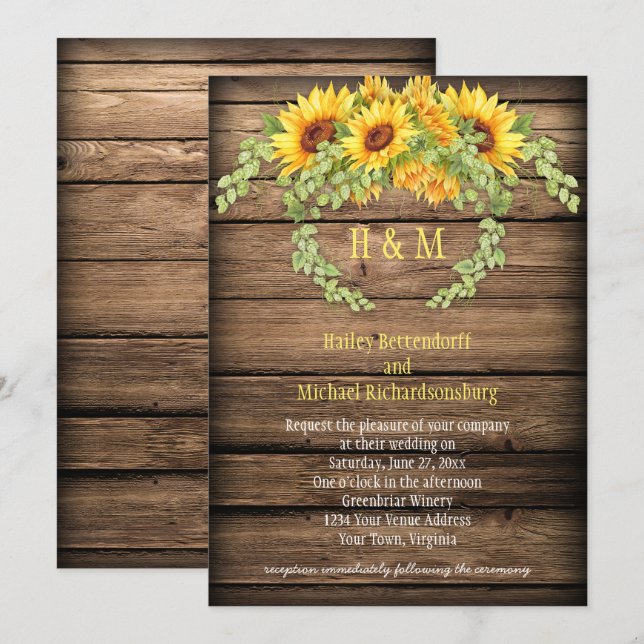 Invitation Rustique Grange Bois Tournesols Wreath Antlers Mar (Devant / Derrière)