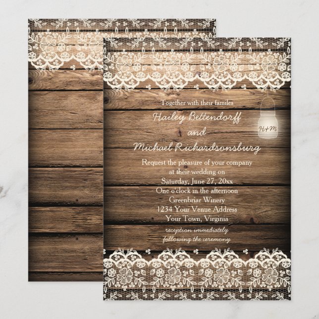 Invitation Rustique Grange Dentelle en bois Mason Jar Mariage (Devant / Derrière)