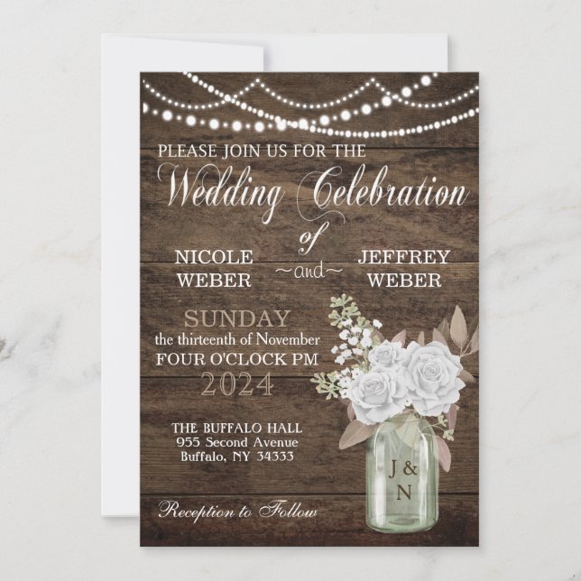 Invitation Rustique Grange Mariage Bois Mason Jar Floral (Devant)