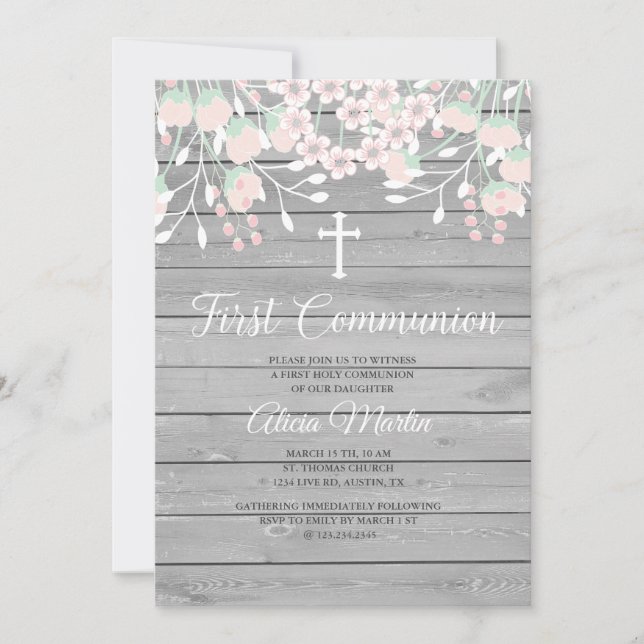 Invitation Rustique Gris bois floral première communion invit (Devant)
