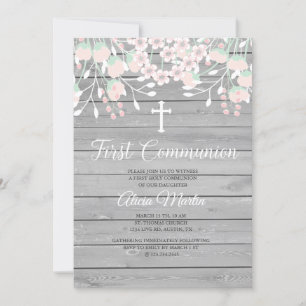 Invitation Rustique Gris bois floral première communion invit