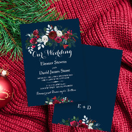 Invitation Rustique hiver marine bleu bordeaux mariage floral