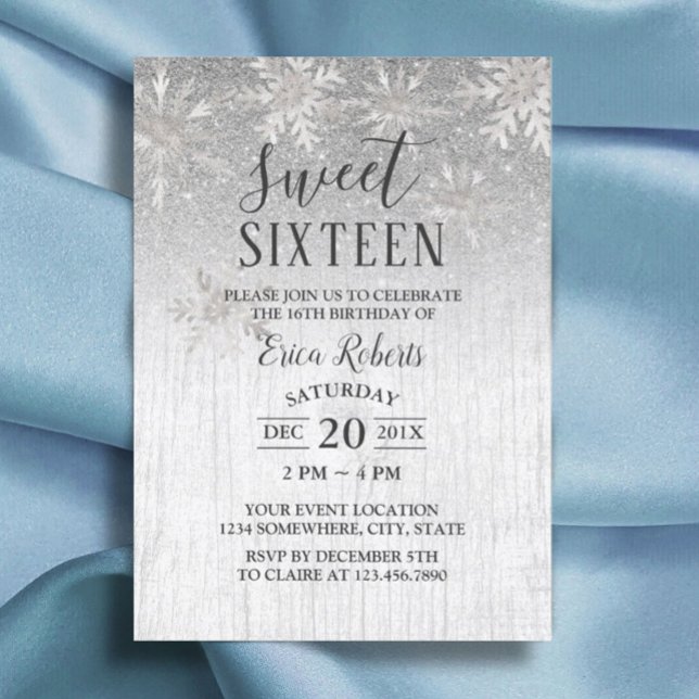 Invitation Rustique hiver Silver Snowflakes Sweet 16 Party (Créateur téléchargé)