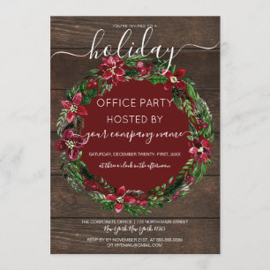 Invitation Rustique Holly Floral Wreath Bois Fête d'entrepris