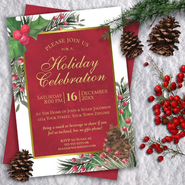 Invitation Rustique Holly & Pine Crimson Red Christmas Holida (In Situ with Decorations)