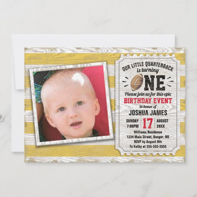 Invitation Rustique Jaune 1er Anniversaire Sports Football Ph (Devant)