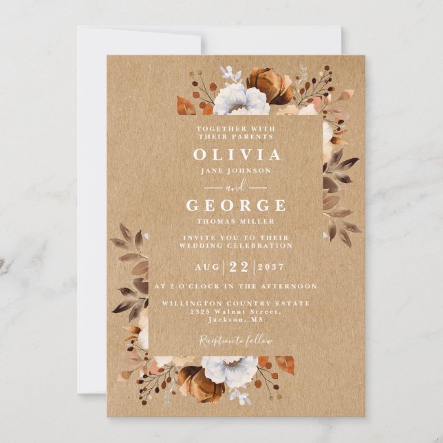 Invitation Rustique Kraft Automne Floral QR Code Mariage (Devant)