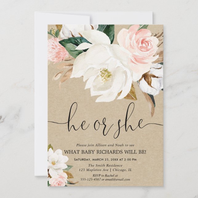 Invitation Rustique kraft blanc rose floral genre révéler (Devant)