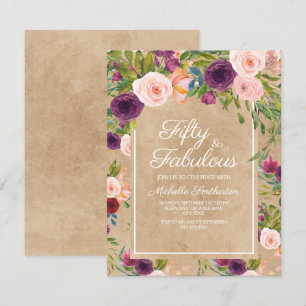 Invitation Rustique Kraft Boho Plum Blush Floral 50e annivers