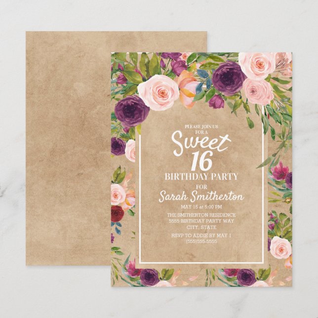 Invitation Rustique Kraft Boho Plum Blush Floral Sweet 16 (Devant / Derrière)